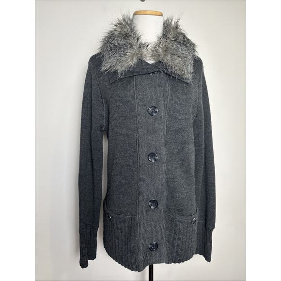 Coldwater Creek Faux Fur Collar Cardigan Sweater Sz Small Gray Wool Preppy Glam - Picture 1 of 8